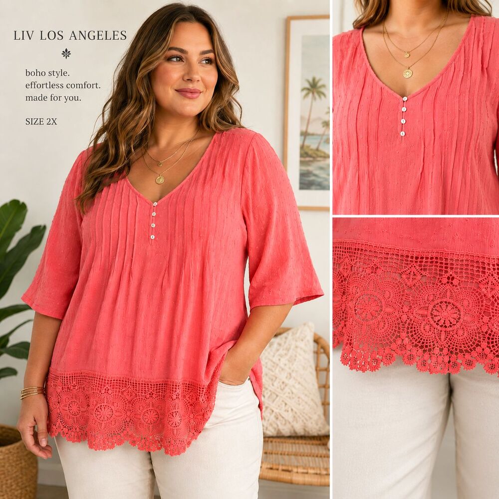 Liv Los Angeles Peasant Top 2X Lace Trim Coral Crochet Gauze Swiss Dot Boho EUC